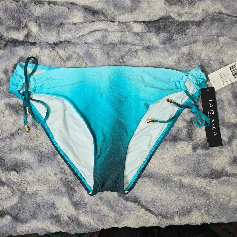 NWT La Blanca Ombre‎ Side Tie Bikini Bottoms Turquoise Teal LB2LF94 Size 14